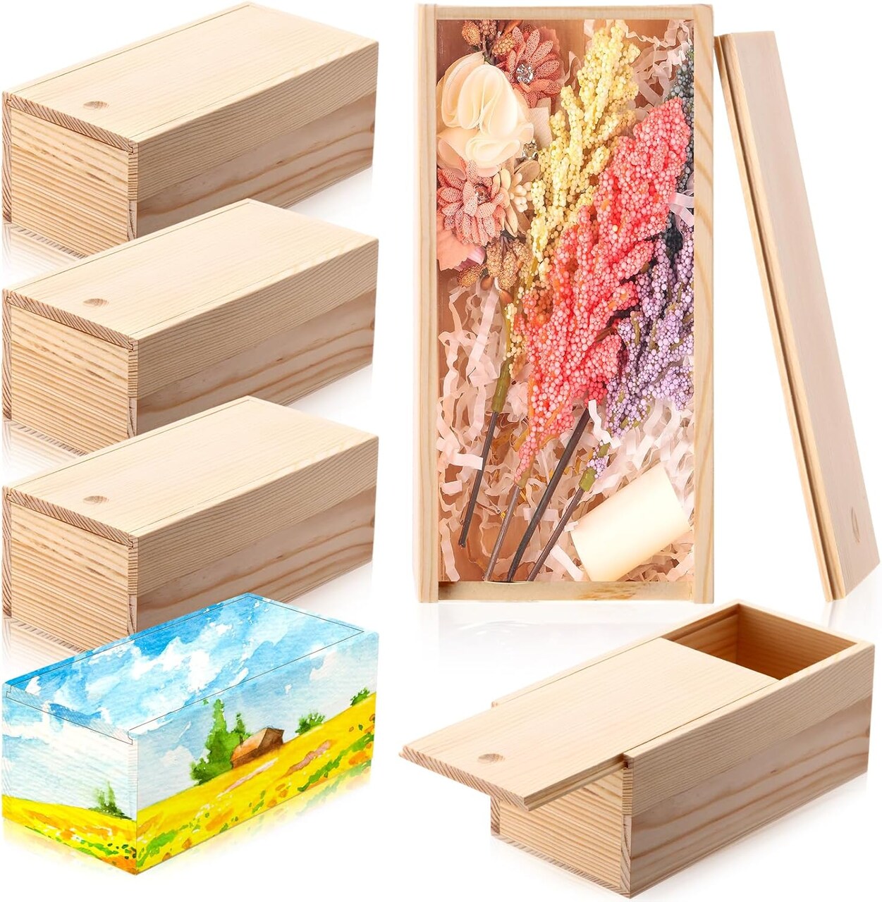 6 Pcs Unfinished Wood Boxes with Slide Lid, 8 x 4 x 3.15 Inch Small Rectangle Wooden Storage Box for Craft DIY Birthday Party Favor Gift Supplies(Wood Color)